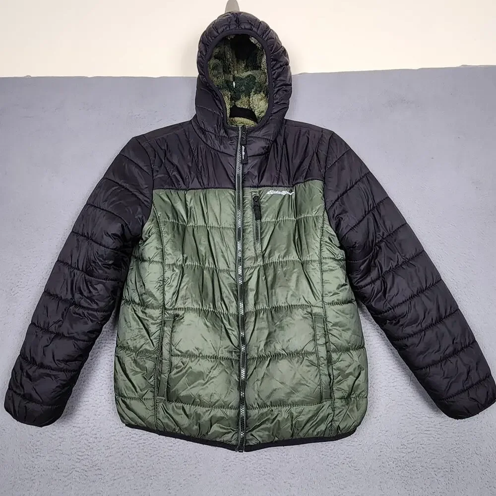 Eddie Bauer Jacket Boys Large Green Black Reversible Camo Hooded Puffer Coat
